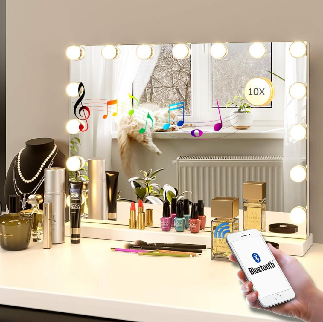 LilyHome 22.8"x 18.1" Vanity Mirror Makeup Mirror with Lights,10X Magnification,Large Hollywood Bluetooth Lighted Vanity Mirror with 15 LED Bulbs & Speaker,3 Color Modes,Touch Control for Wall-Mounted