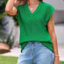 Saodimallsu Women's V Neck Cap Sleeve Lightweight Knit Sweater Top (Green, S)