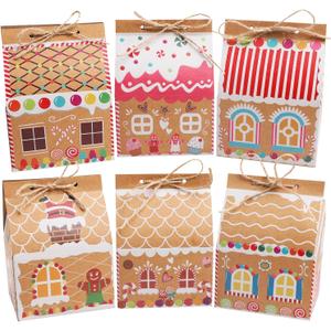SULOLI 24 Pcs Christmas Kraft Paper Gift Boxes, Xmas Candy House Style Goodies Treat Bags for Christmas Party Favor