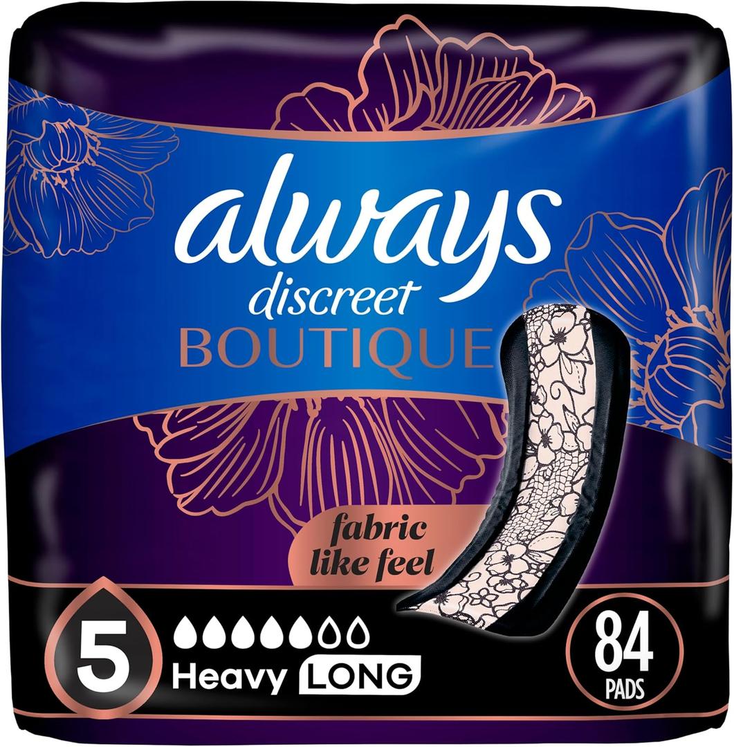 Always Discreet Boutique Adult Incontinence & Postpartum Pads For Women, Size 5, Heavy Absorbency, Regular Length, 28 Count x 3 Packs (84 Count total) (Packaging May Vary)