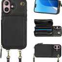 Bocasal Crossbody Wallet Case for iPhone 16, RFID Blocking Leather Purse Case with Card Holder, Protective Handbag Flip Cover with Zipper Wrist Strap Lanyard for Women 5G 6.1 Inch (Black)