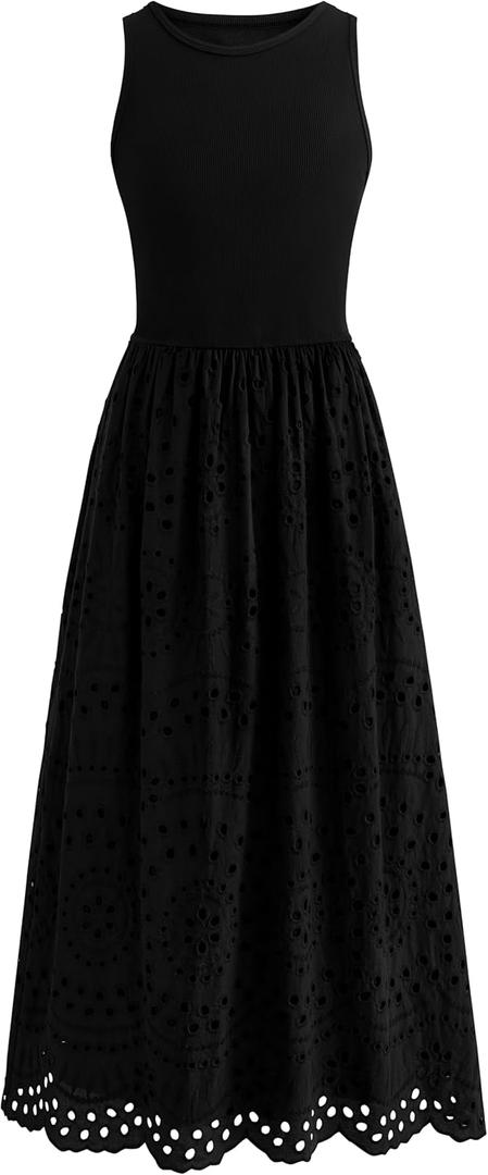 dowerme Women Summer Dresses 2026 Casual Sleeveless Crewneck A-Line Boho Lace Eyelet Cotton Tank Maxi Dress with Pockets, Large
