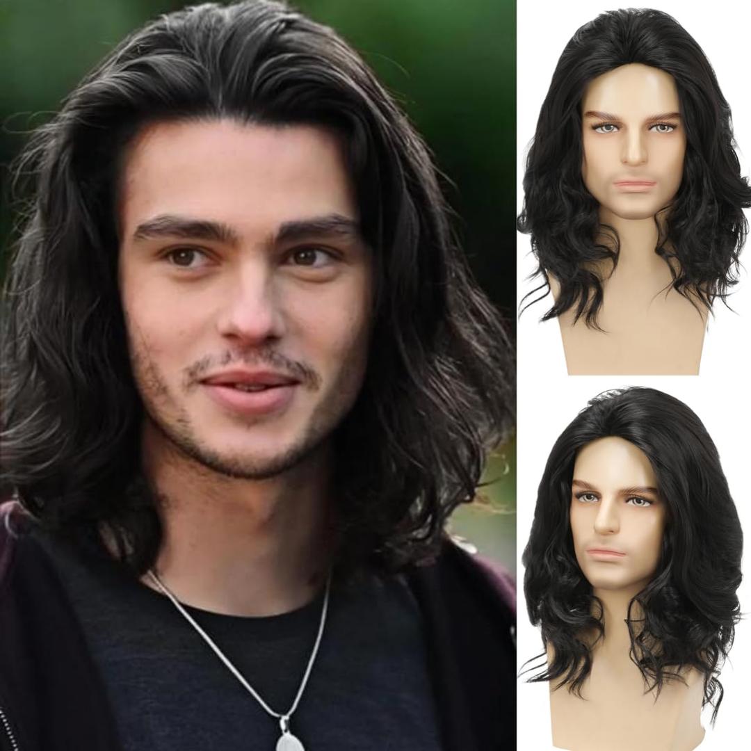 Mens Black Curly Wig Shoulder Length Curly Male Wig Layered Fluffy Durable Breathable for Costume Party Daily Use