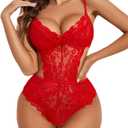 Avidlove Women Lingerie Lace Bodysuit Teddy Lingeries V Neck Cut Out One Piece Mini Babydoll (Medium, Red)