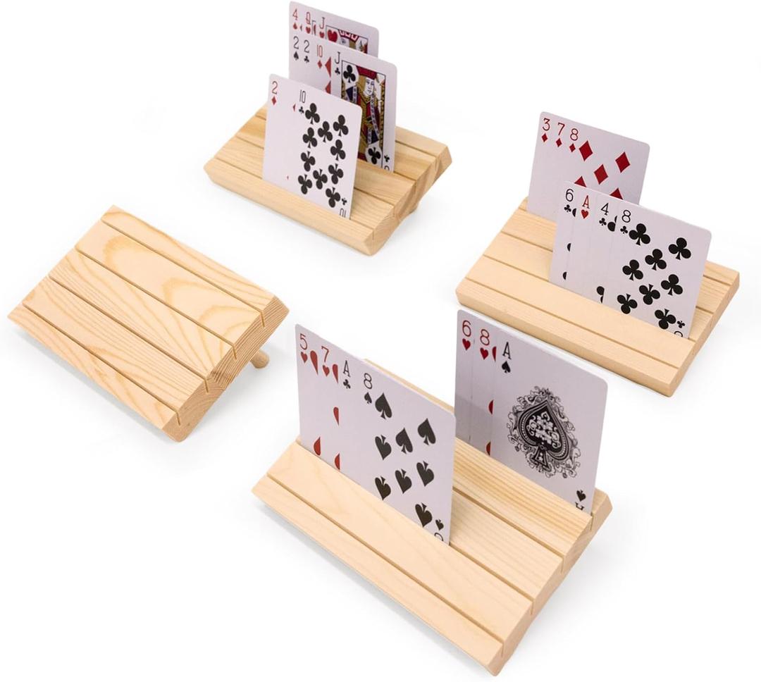 Playing Card Holders for Adults, Set of 4, Playing Cards Holders Organizer for Adults Seniors Kids Wooden Card Holder Playing Card Holder for Kids (Wood)