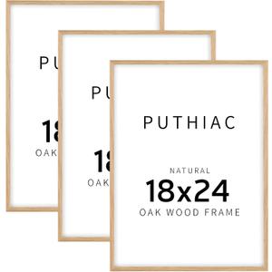 Puthiac 18x24 Oak Wood Picture Frames - 18" x 24" Poster Frames for Wall (3 Pack, Beige)