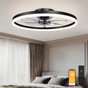 VOLISUN Low Profile Ceiling Fans with Light and Remote,23.6in Fandelier Ceiling Fan with Lights, 3000K-6500K Dimmable Flush Mount LED Fan Light, Black Bladeless Ceiling Fans with Lights for Bedroom (23.6 INCH, Black)