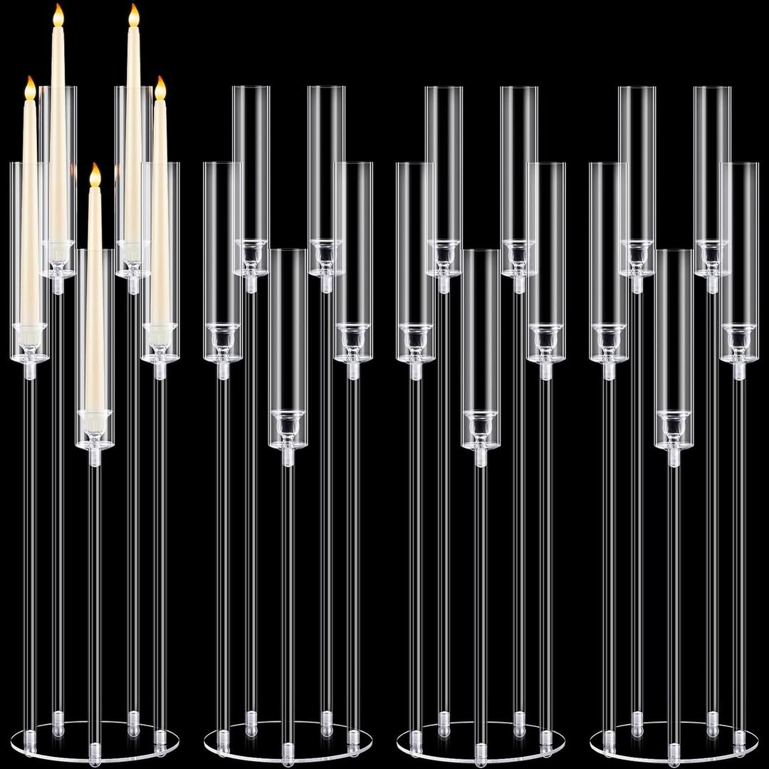 Barydat 4 Pcs Acrylic Candelabra Centerpieces Clear Candle Taper Candlestick Holder Crystal 5 Arm Candlesticks Holder with Acrylic Shade Pillar Fit 0.87" LED Candle for Wedding Dinner Party (Clear)