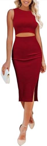 Pink Queen Women's Dresses Crew Neck Sleeveless Cutout Side Slit Bodycon Midi Party Dress, M