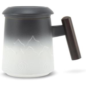 Tea Cup with Infuser, 13.5oz Ceramic Tea Infuser Mug with Wood Handle and Cup Lid, Tea Strainer Cup for Loose Leaf Steeping, Black&White