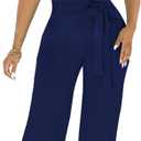PaladMom Womens Elegant Plus Size Jumpsuits Sexy Back zipper Short Sleeve Mid Waist Wide Leg Straight Rompers (Large, 10681dark Blue)
