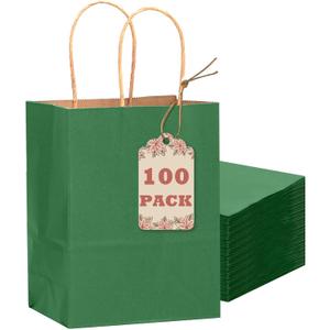 Qiqee 100PCS Gift Bag with Handles Bulk Kraft Deep Green Paper Bags Multiple Uses (8.3"x3"x6"inch Small Size)