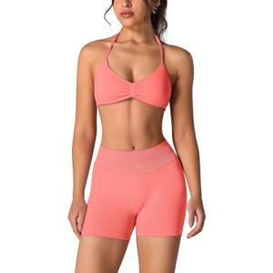ABOCIW Womens Seamless Workout Sets 2 Piece Strappy Halter Sports Bra Scrunch Butt Shorts Gym Yoga Outfits (X-Small, #1 Coral)