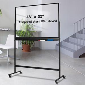 TSJ-OFFICE Rolling Clear-Glass Whiteboard on Wheels - 48" x 32" Mobile Dry Erase Board with Stand, Large Rolling White Board with 25 Sheets Paper Pad, Transparent Tempered Glass Board for Home Office