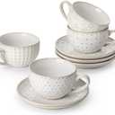 MALACASA 6 OZ Cappuccino Cups with Saucers Set of 4 - Ceramic Stackable Tea Cups and Saucers, Embossment Coffee Mugs for Tea, Latte and Mocha, Dishwasher Safe, Arctic white