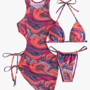 3 Piece Swimsuits for Women Padded Floral Print String Bikini Sets Bathing Suit Set Sexy Cutout High Neck Mesh Beach Cover Up S