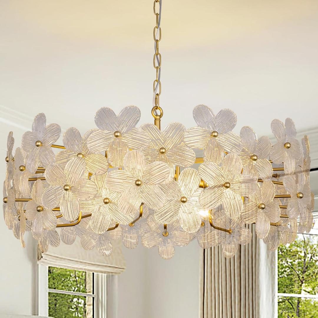 Wellmet 32 Inch Gold Glass Chandelier, Modern Crystal Chandeliers for Dining Room, Contemporary Round Glass Ceiling Light for Living Room Bedroom, Entryway, Foyer, Kitchen