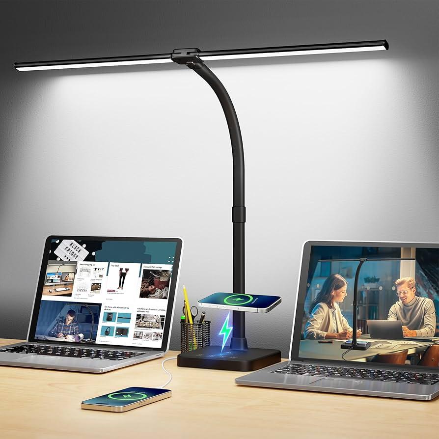 LED Desk Lamp for Home Office, 24W Double Head Desk Light with Wireless Charging, USB Port, 25 Lighting Modes Adjustable Lamps, 3000K-65000K