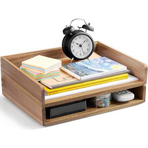 DRASTAR Paper Organizer Letter Tray, 2 Packs Acacia Wooden Stackable Letter Tray, A4 File Sorter Desk Organizer, Desk Organizers and Accessories for Home Office Supplies