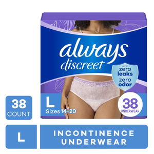 Always Discreet Adult Diapers for Women, Incontinence Underwear, Postpartum Essentials, Disposable Briefs, Max Absorbency, Bladder Leak Protection, Large 38 ct