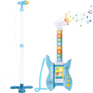 deAO Kids Guitar and Microphone Set with Stand Adjustable Height Music Light Karaoke Music Toys Christmas Birthday Gift for Kids Boys Girls (Blue)