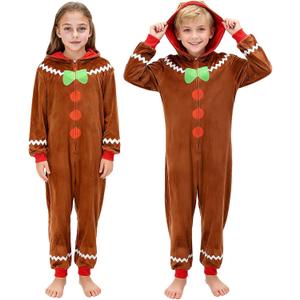 Gingerbread Pajamas Unisex Cookie Teen Hooded Jumpsuit Cosplay Sleepwear Onesie Halloween Christmas Pajamas (120)