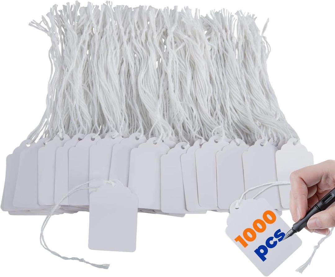 Price Tags with Strings Attached, 132 pcs Marking White Merchandise Hang Tags Labels for Goods Gifts Jewelry Clothing Garage Yard Rummage Sale Supplies 1 3/8" x 2 1/8"