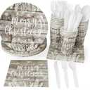 Juvale 144 Piece Merry Christmas Party Plates, Napkins, Cups, Cutlery, Wood Plank Design Dinnerware (Serves 24)