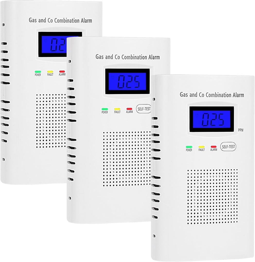 3 Packs Combination Gas & Carbon Monoxide Detector, Plug in Carbon Monoxide Alarm & Natural Gas Detector, Propane, Methane, with Backup 9V Battery Feature, Digital Display, for Home, Apartment, RV