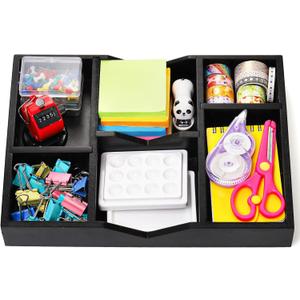 TOPZEA Desk Drawer Organizer Tray, 6 Slot Wood Junk Drawer Organizer with 2 Adjustable Divider Office Supplies Storage Organization for Desktop, Bathroom, Kitchen, Makeup, Vanity, Black
