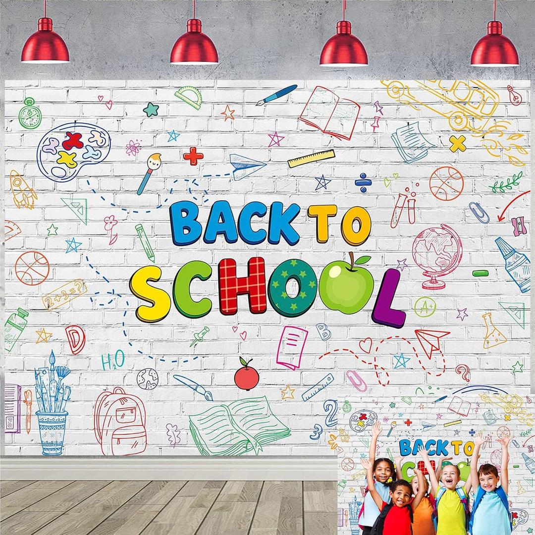 Back to School Backdrop Hand Printed Pencils White Brick Wall Photography Background First Day of School Banner for Kids Classroom Decorations Photo Booth Props (8X6FT(94 x 70 inch))