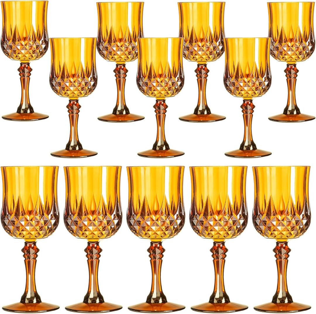 XKXKKE 12 Pcs Amber Plastic Glasses, Plastic Water Goblets for Parties, Stemmed Drinking Glasses for Wedding Reception, Grand Event Party Bar Supplies Reusable Drinking Cups