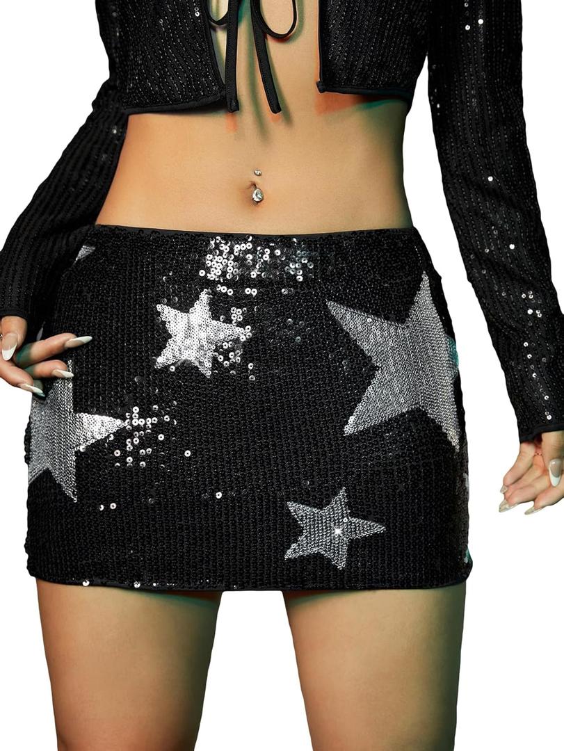 WDIRARA Women's Sparkly Sequin Bodycon Mini Skirt Low Rise Star Graphic Party Club Rave Skirts (Large, Black)