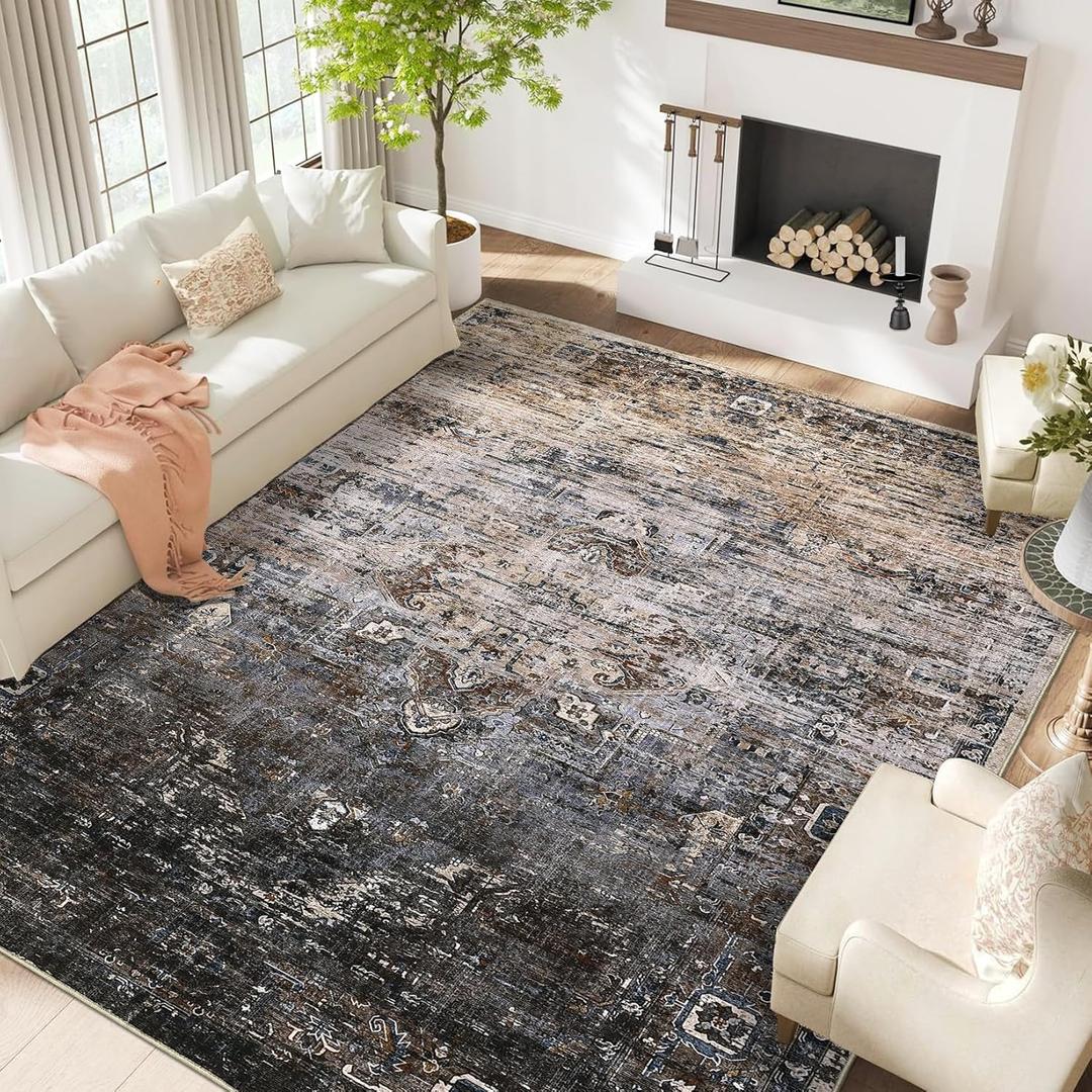 CAROMIO Washable 9x12 Area Rugs, Large Rugs for Living Room Ombre Vintage Distressed Bedroom Rug, Ultra-Thin Soft Non-Slip Area Rug for Dining Room, Brown Multi (9ftx12ft)
