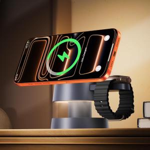 iVANKY 4 in 1 Wireless Charger for iPhone 17 Charging Station with Night Light, 15W 3 in 1 Travel Stand for MagSafe Charger for iPhone 17/16/15/14/13/12/11/X Pro/Max/Plus/Air, Apple iWatch, Airpods (Without Power Adapter)