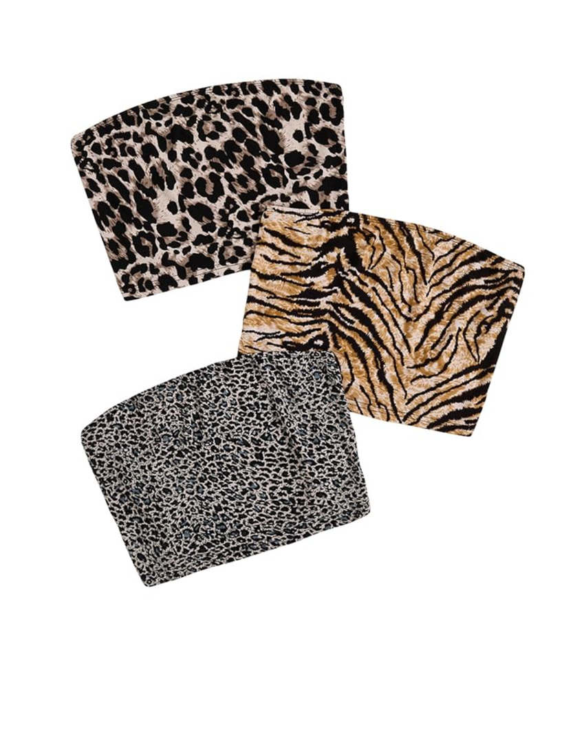 MakeMeChic Women's 3 Pcs Y2k Leopard Print Tube Tops Strapless Cheetah Print Crop Top Size L