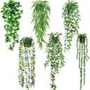 Sggvecsy Fake Hanging Plants 6 Pack Artificial Hanging Eucalyptus Plants Potted Greenery Faux Mandala Vine String of Pearls Boston Fern Ivy Vine Leaves Pea Pod for Home Indoor Outdoor Shelf Wall Decor