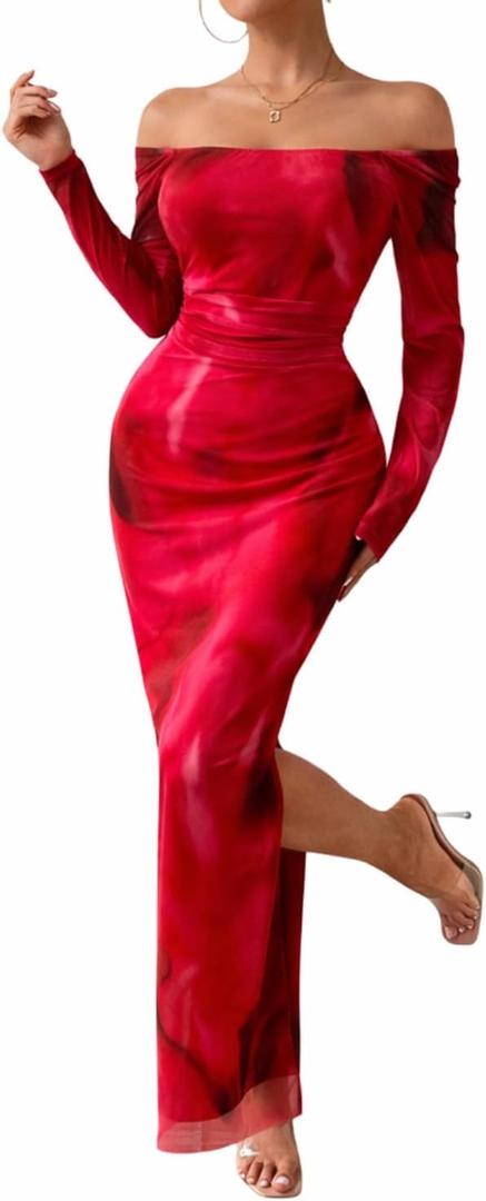 LIGHT DOT Women's Printed Off Shoulder Maxi Dress Long Sleeve Bodycon Ruched Mesh Cocktail Dress (Medium, Red)