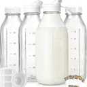 4 Pack 1 Liter Glass Milk Bottles w Scale, 100% Airtight Heavy Duty Screw Lid - 32 Oz Drinking Jars w 2 Pour Spouts - Glass Bottles for Milk, Honey, Jam, Creamer - Dishwasher Safe(Extra 2 Lids)