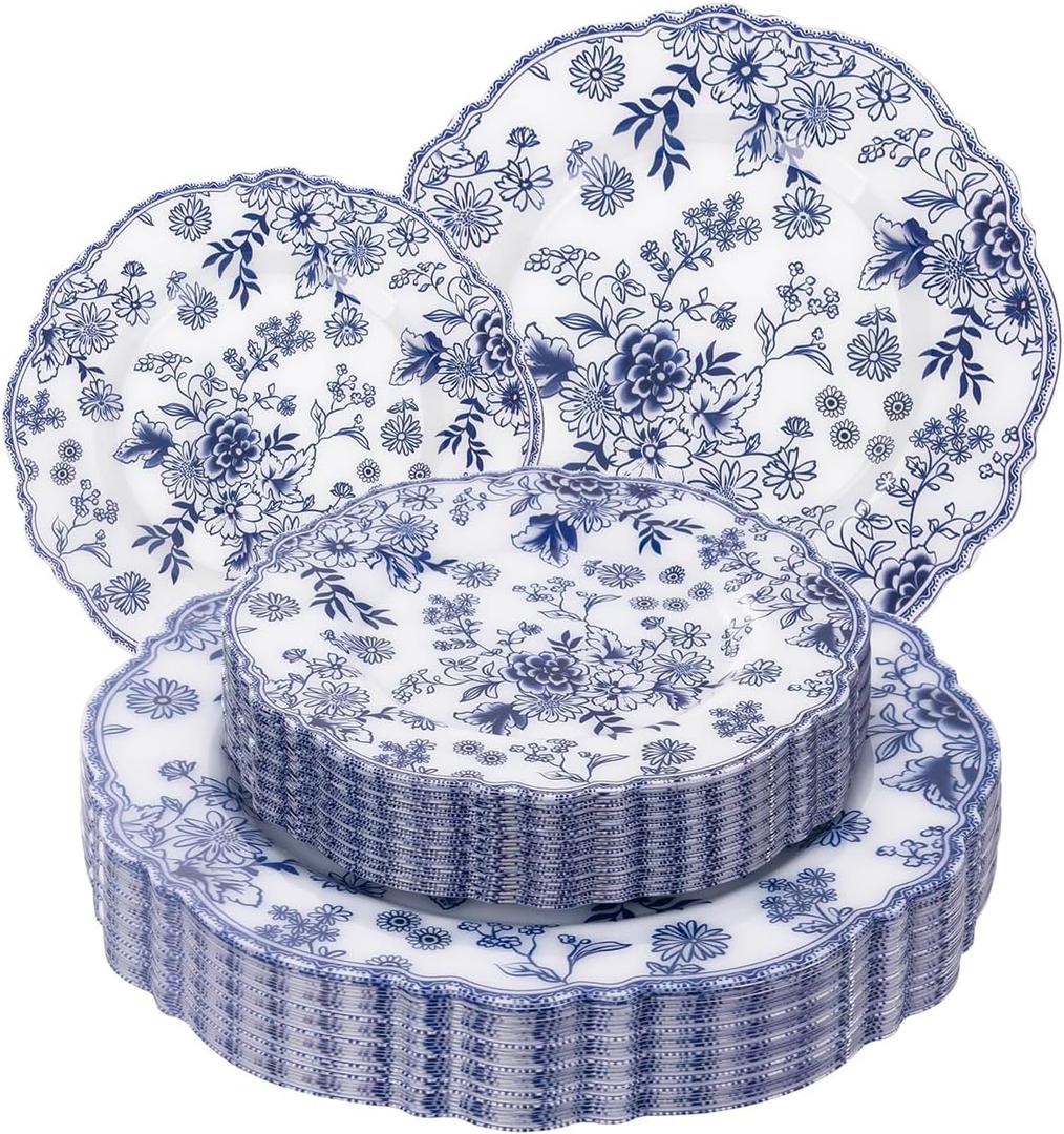 WDF 20PCS Blue and White Plates - Chinoiserie Blue Floral Plates - Baroque Floral Party Decor for Wedding Bridal/Birthdays/Tea Party