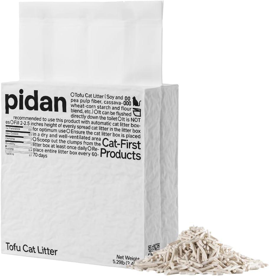 pidan Tofu Cat Litter Clumping,Flushable,Ultra Absorbent and Fast Drying, 100% Natural Ingredients Litter,Solubility in Water,Really Dust-Free,Less Scattering (5.3lb×4bags) (2.4kg x 1 Bag) BBD: 02-23-28