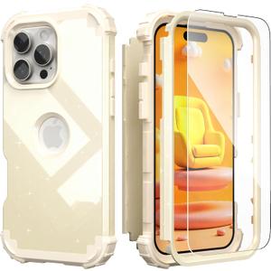 IDweel for iPhone 16 Pro Max Case with Screen Protector for Women, 3 in 1 Shockproof Slim Fit Hybrid Heavy Duty Hard PC Cover Soft Silicone Bumper Full Body Anti-Fingerprint Case,Glitter Yellow