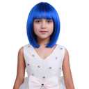 Girls Blue Wig Child Blue Bob Wigs Short Straight Wig Blue Bob Wig with Bangs for Kids Hairnet Include Dark Blue