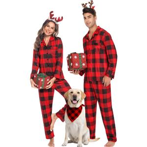 Christmas Family Matching Pajamas Set Couples Button Down Sleepwear Loungewear Long Sleeve Plaid Pjs Lounge Set (S)