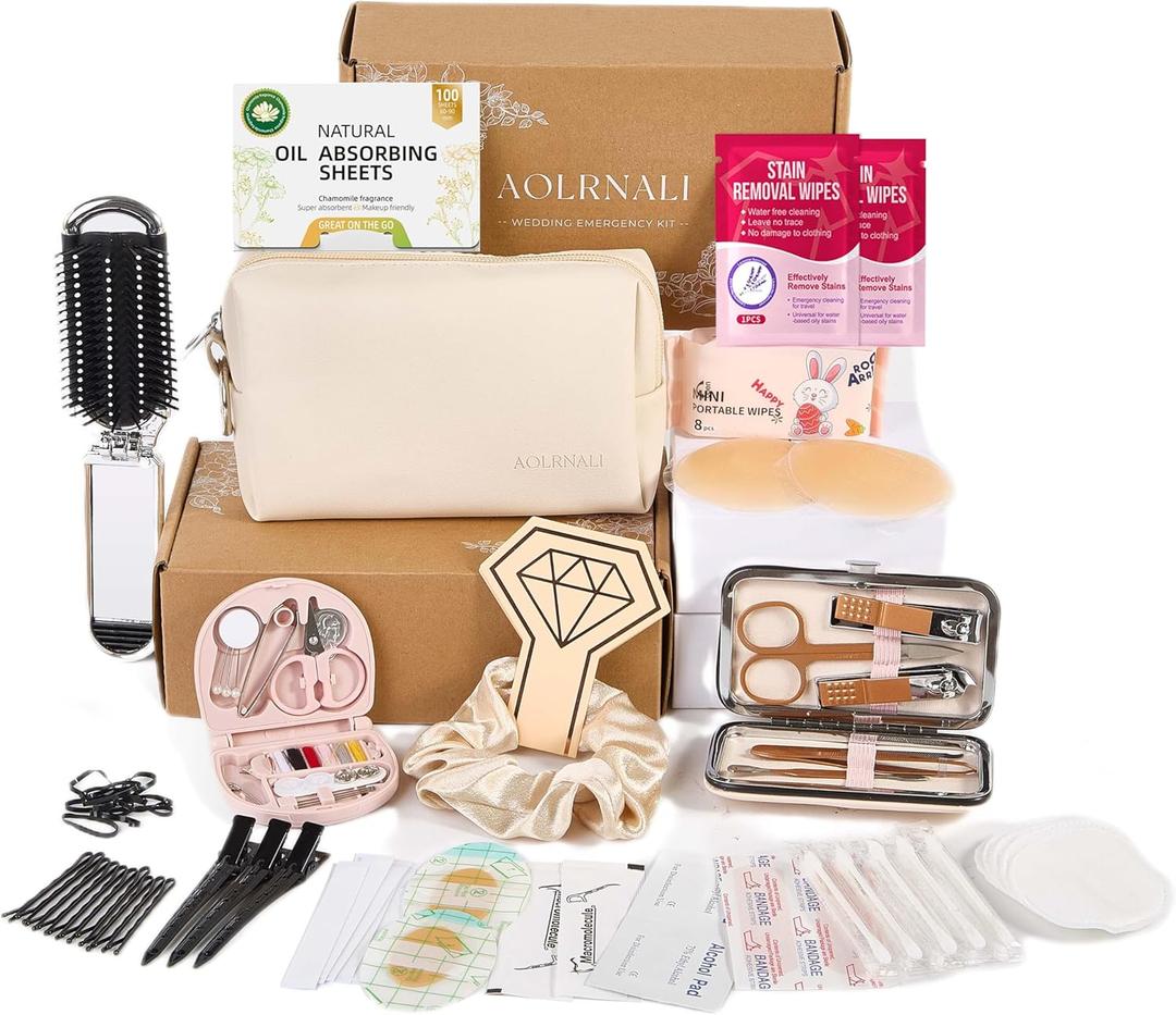 Bridal Emergency Kit for Wedding Day, Wedding Essentials Survival Set for Team Bride, Must-Have 30+ Essentials Travel Kit with Makeup Bag (Beige)