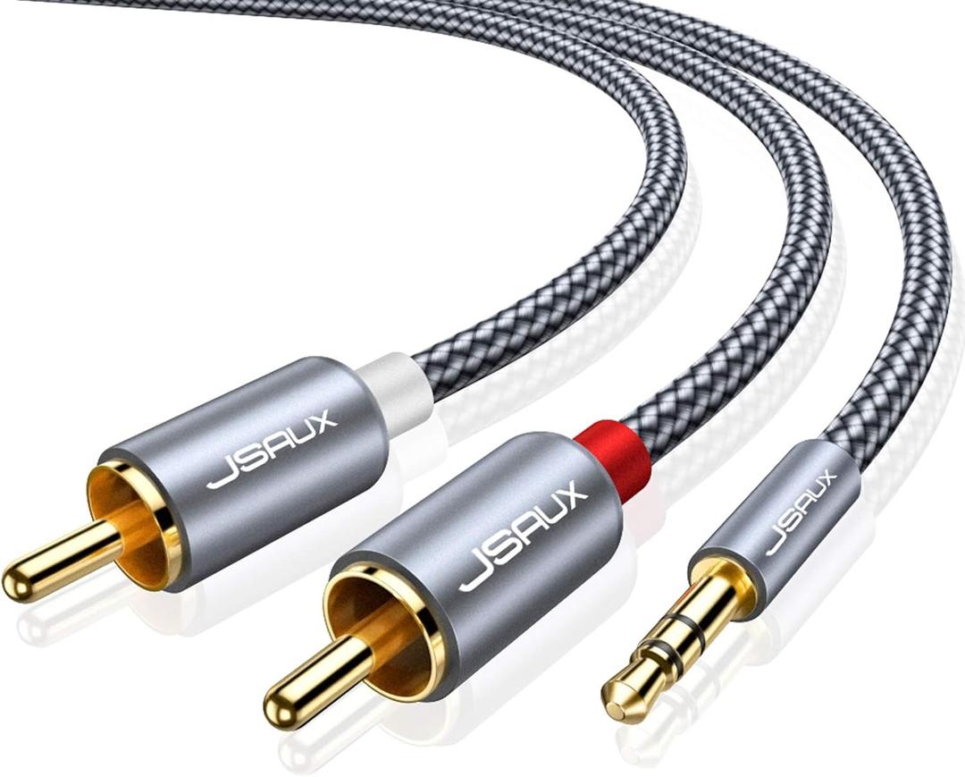JSAUX 15ft/4.5M Aux to RCA Headphone Male to Male Jack Adapter Nylon Braided 1/8 to RCA Audio Y Cord for Smartphones, MP3, Tablets, Speakers, HDTV - Grey