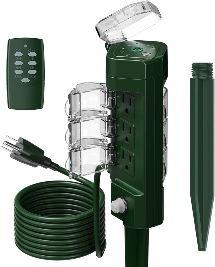 TESSAN Outdoor Power Stake Light Timer Waterproof, Wireless Remote Control, Yard Stake Countdown Timer（2, 4, 6, 8 Hour）, 6 Outlets, Dusk to Dawn for Lights and Garden Courtyard Decoration