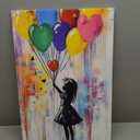 Heart Balloons Silhouette Child Banksy Canvas Wall Art Framed Painting Colorful Modern Whimsical Graffiti Wall Decor Print Poster Joyful Love Artwork for Girls Kid Room Living Room 16x24 Inches