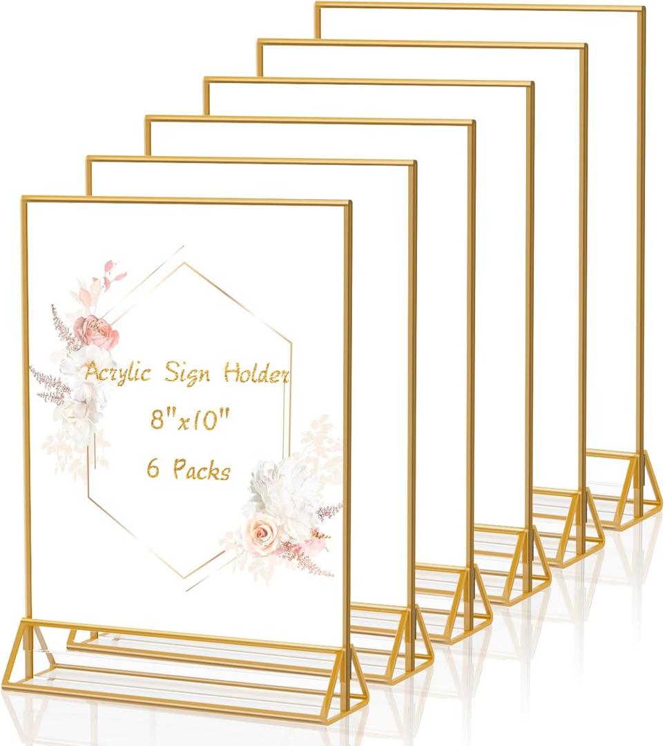 Gold Frames 8X10 Clear Acrylic Sign Holder Gold Picture Frames, Double Sided Menu Holder Display Stand for Weddings Table Numbers (Pack of 6)