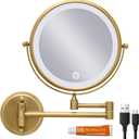 Wall Mounted Lighted 8 Inches Rechargeable Double-Sided 1X/10X Magnifying Mirror for Makeup, 3 Colors Led, Touch Dimmable, Memory Function, 360 Rotation, Foldable, Brushed Antique Brass